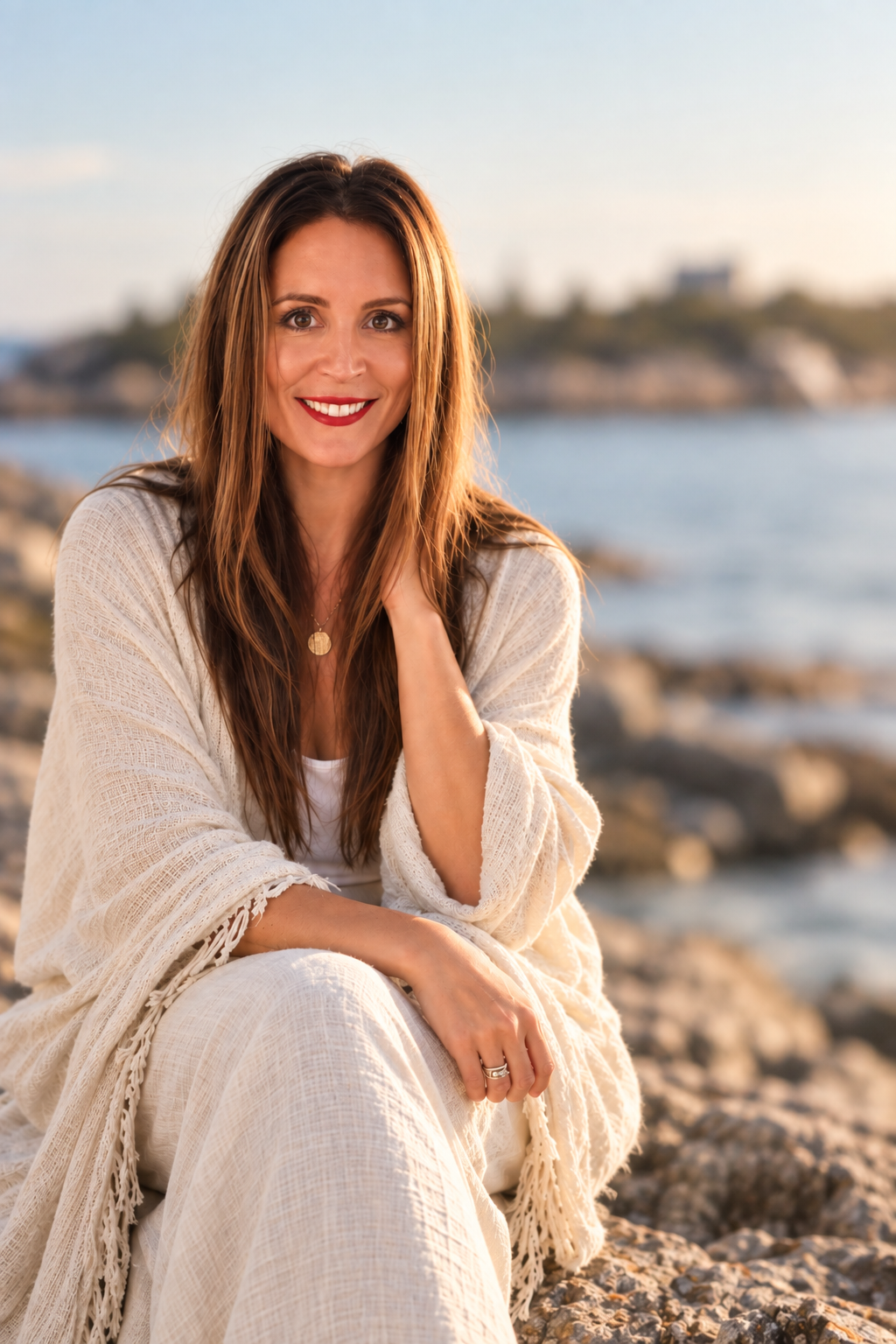 Rebekah smiling in a cream wrap, with a softly blurred rocky coastline and water behind her