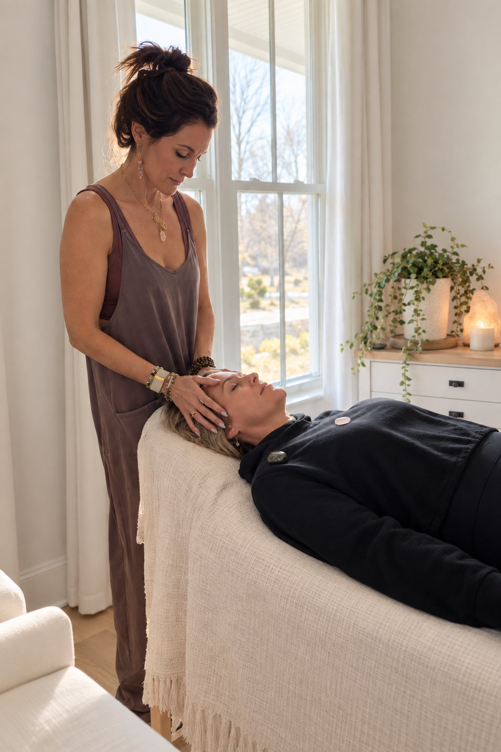 Rebekah offering Reiki, gently resting her hands around a participant's head beside a sunlit window